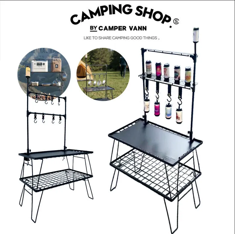 Outdoor portable folding table grid storage rack camping picnic barbecue table with light rack hook
