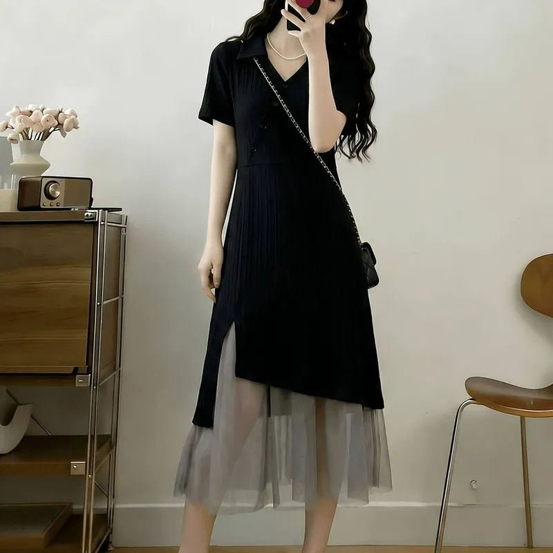Plus-size 300-jin fake two-piece V-neck mesh spliced short-sleeve dress for women, summer waist-slimming knee-length long dress