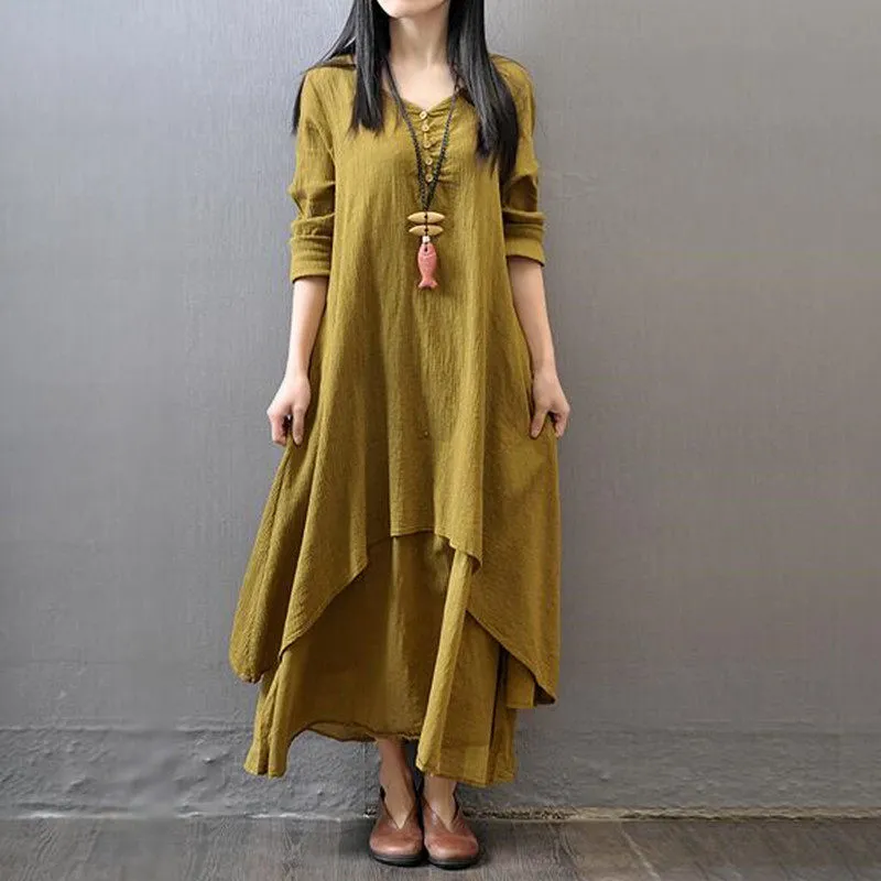 Spring/summer lightweight plus-size faux two-piece cotton-linen dress for women, vintage artistic linen long-sleeve round-neck A-line loose dress