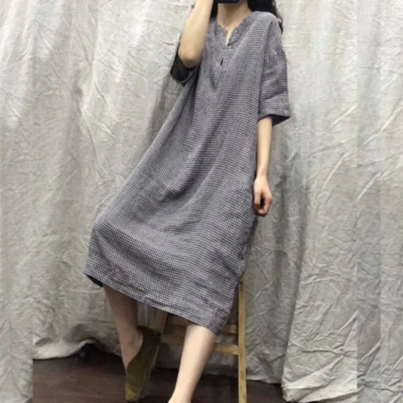 One-of-a-kind bargain, cancelled order with clipped label, high-end designer summer linen plaid dress, cotton-linen mid-sleeve dress