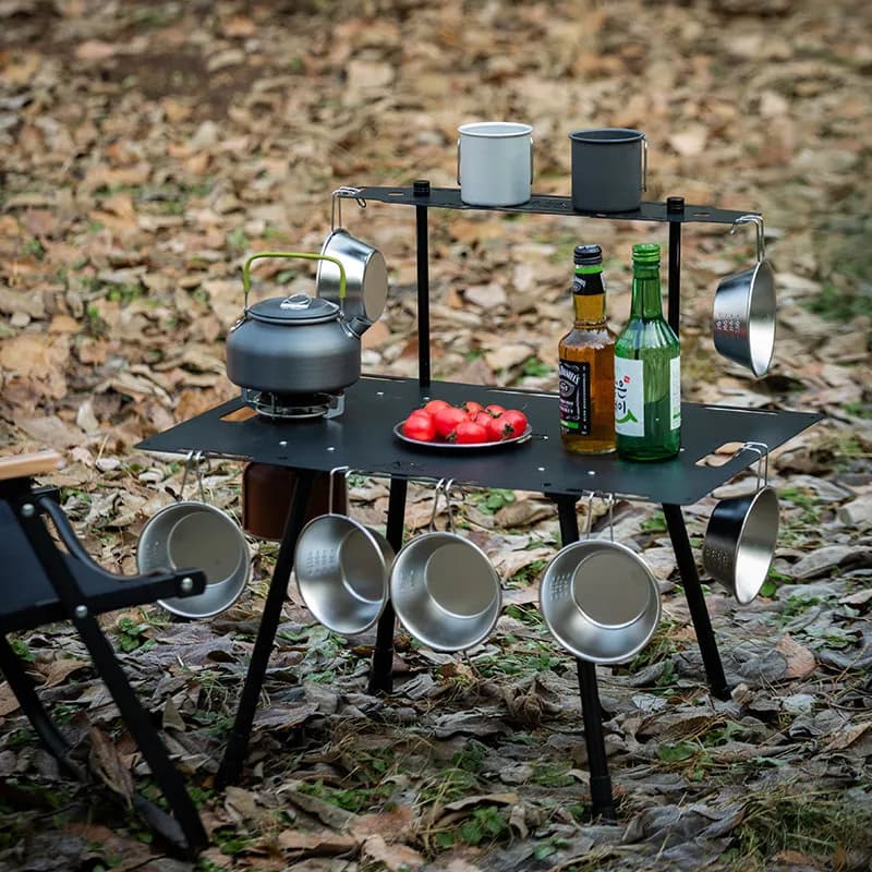 Outdoor tactical table with light stand, blackened wind liftable folding table, multifunctional lightweight portable table, camping picnic table