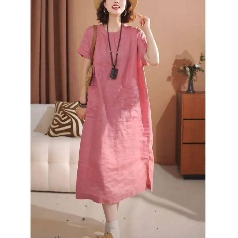 New summer cotton-linen solid round-neck large-pocket straight dress, Korean style, office-friendly, loose, flattering and slimming
